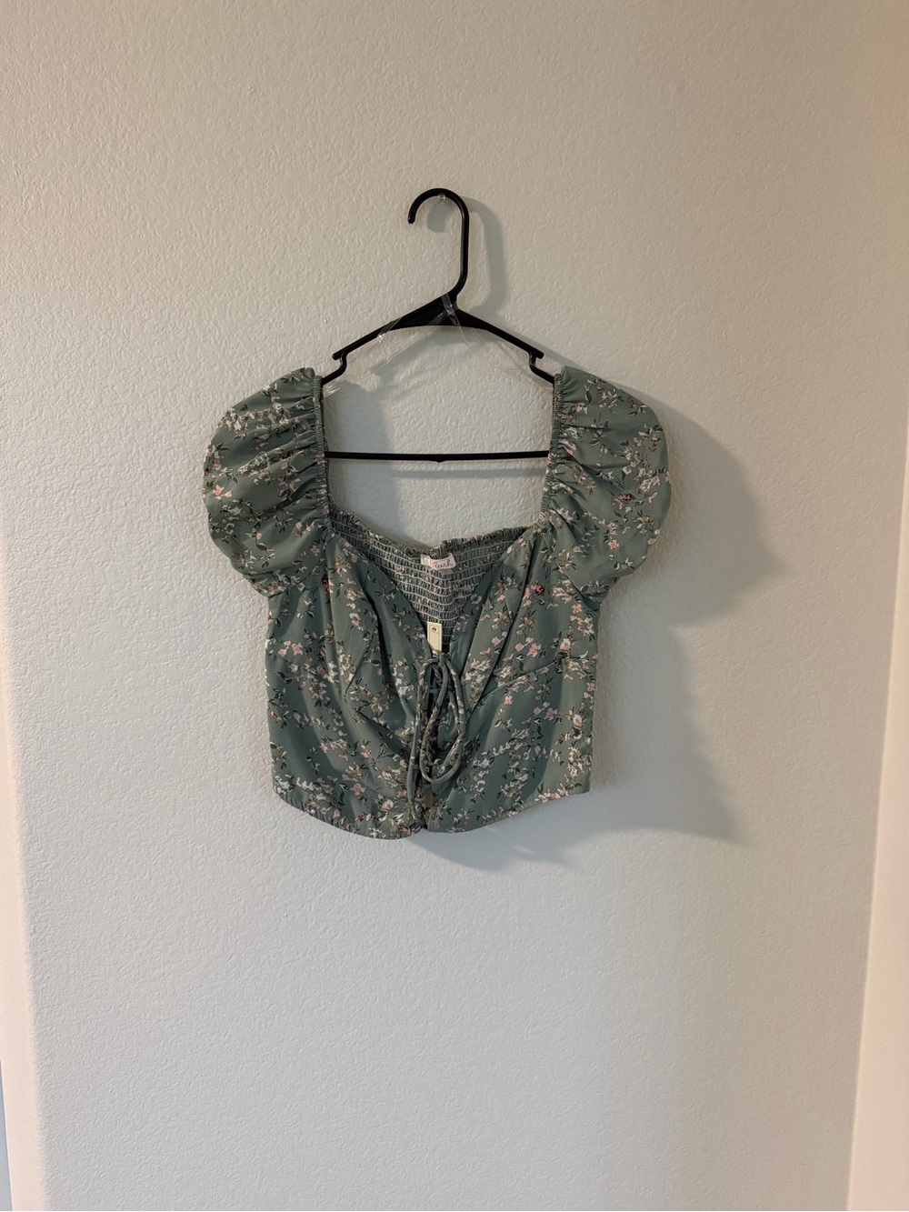 Smocked Puff Sleeve Tie-Front Top - Sage Green Floral